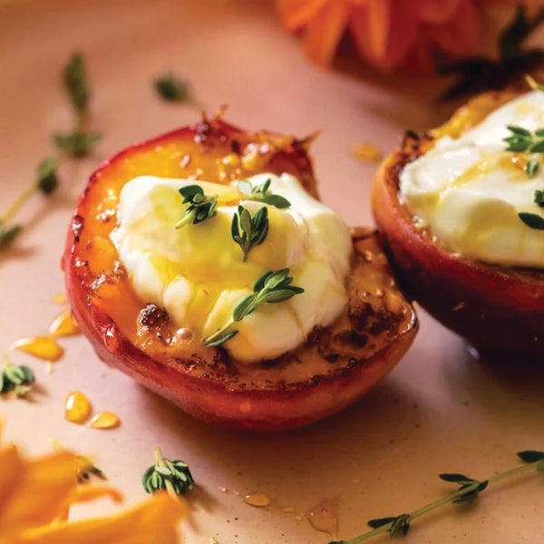 Grilled Peaches with Rosemary Hot Honey, Yogurt, and Lemon Thyme