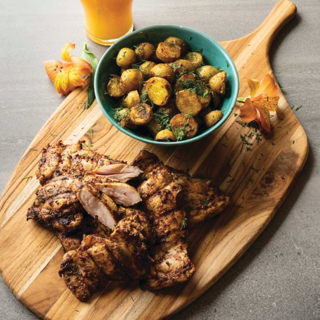 Harissa Smothered Chicken with Golden Grilled Potatoes