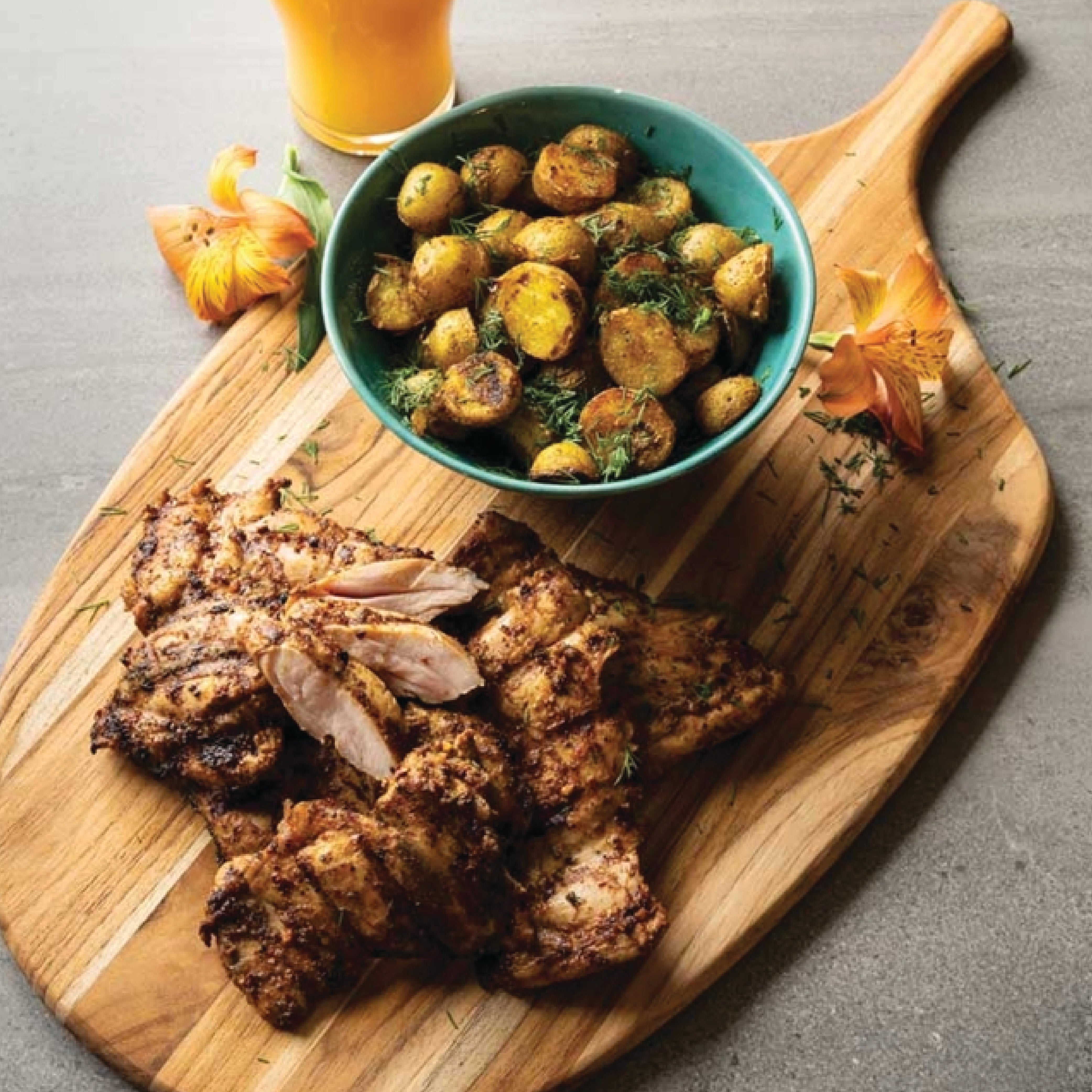 Harissa Smothered Chicken with Golden Grilled Potatoes