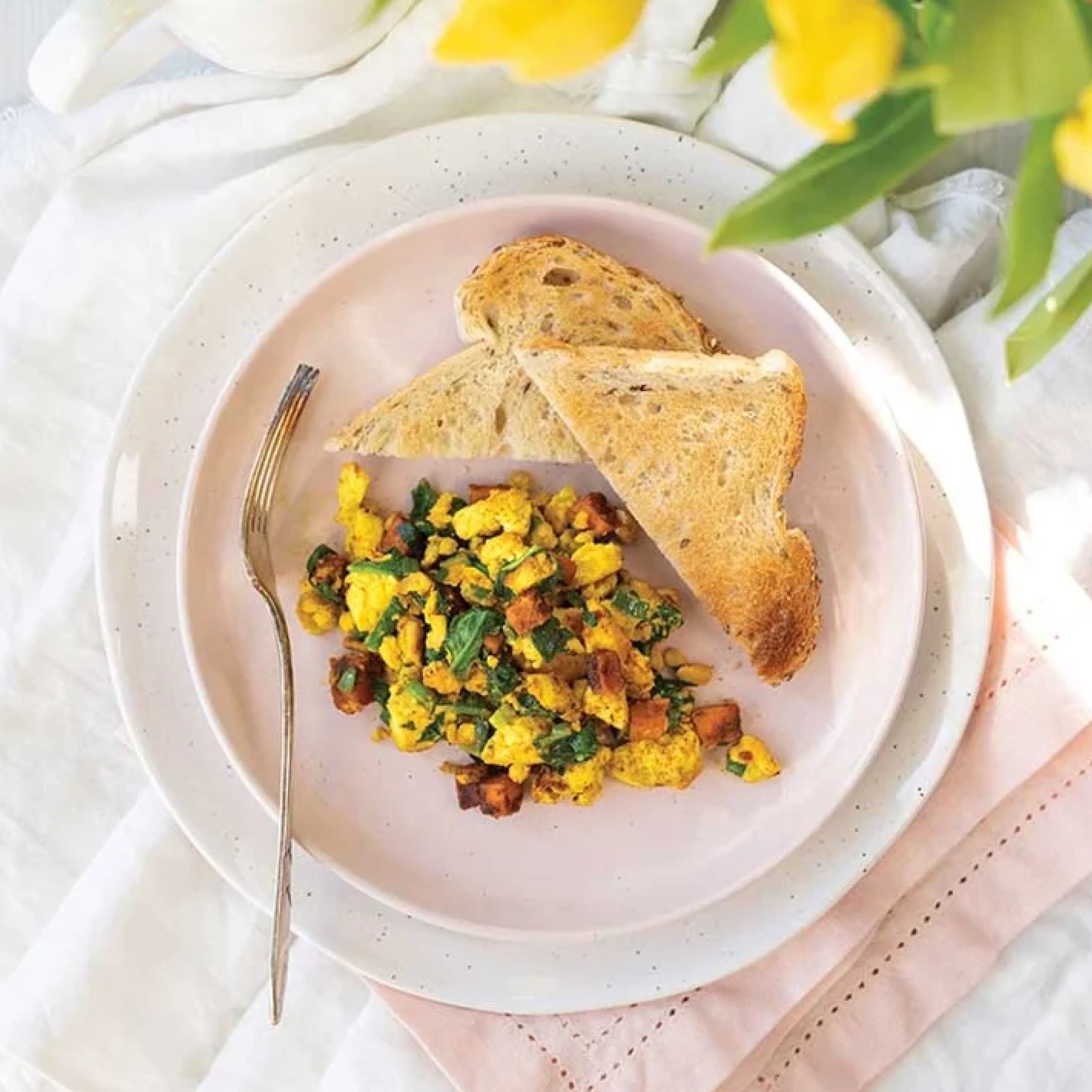 Spicy Tofu Scramble with Spinach and Sweet Potato