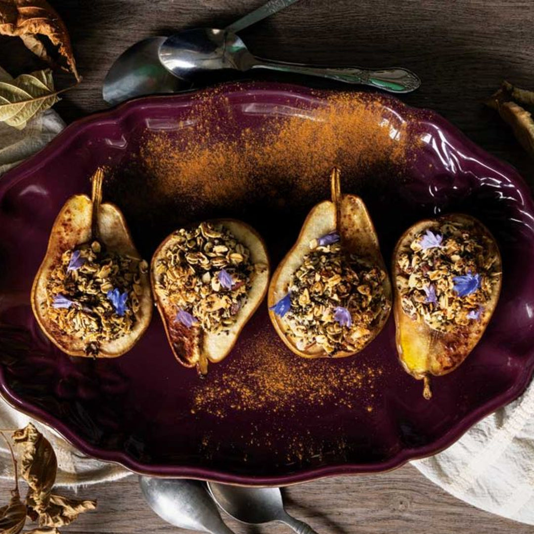 Cinnamon Baked Pears with Chia, Hemp, Cacao, and Almond Granola