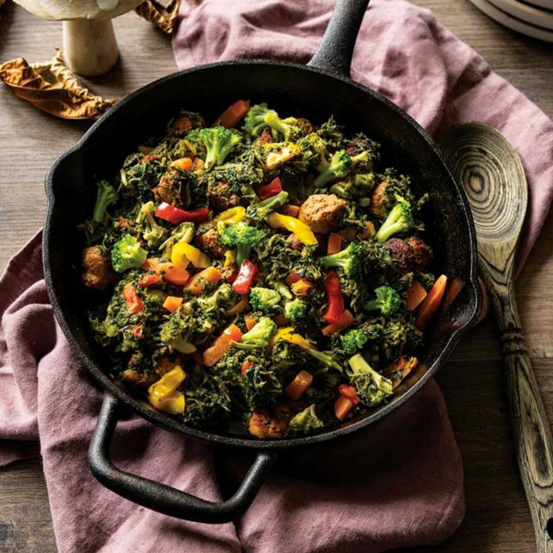 Turkey Sausage Skillet with Mixed Vegetables and Spinach