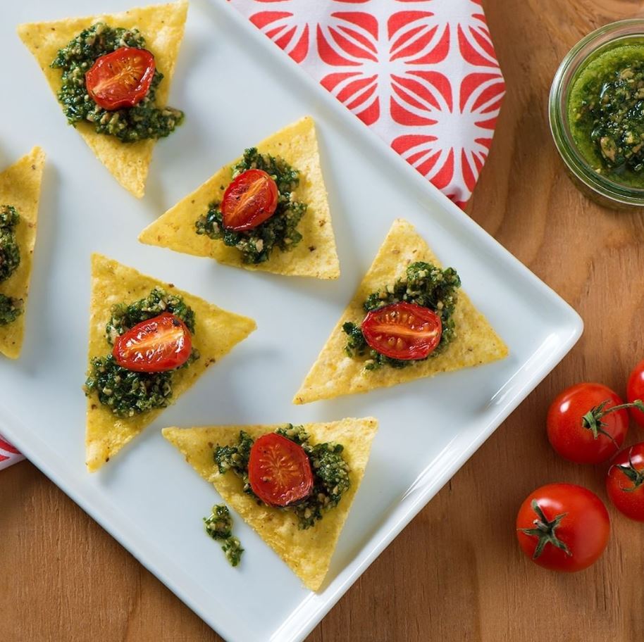 Cilantro Pesto and Roasted Tomato Crostini