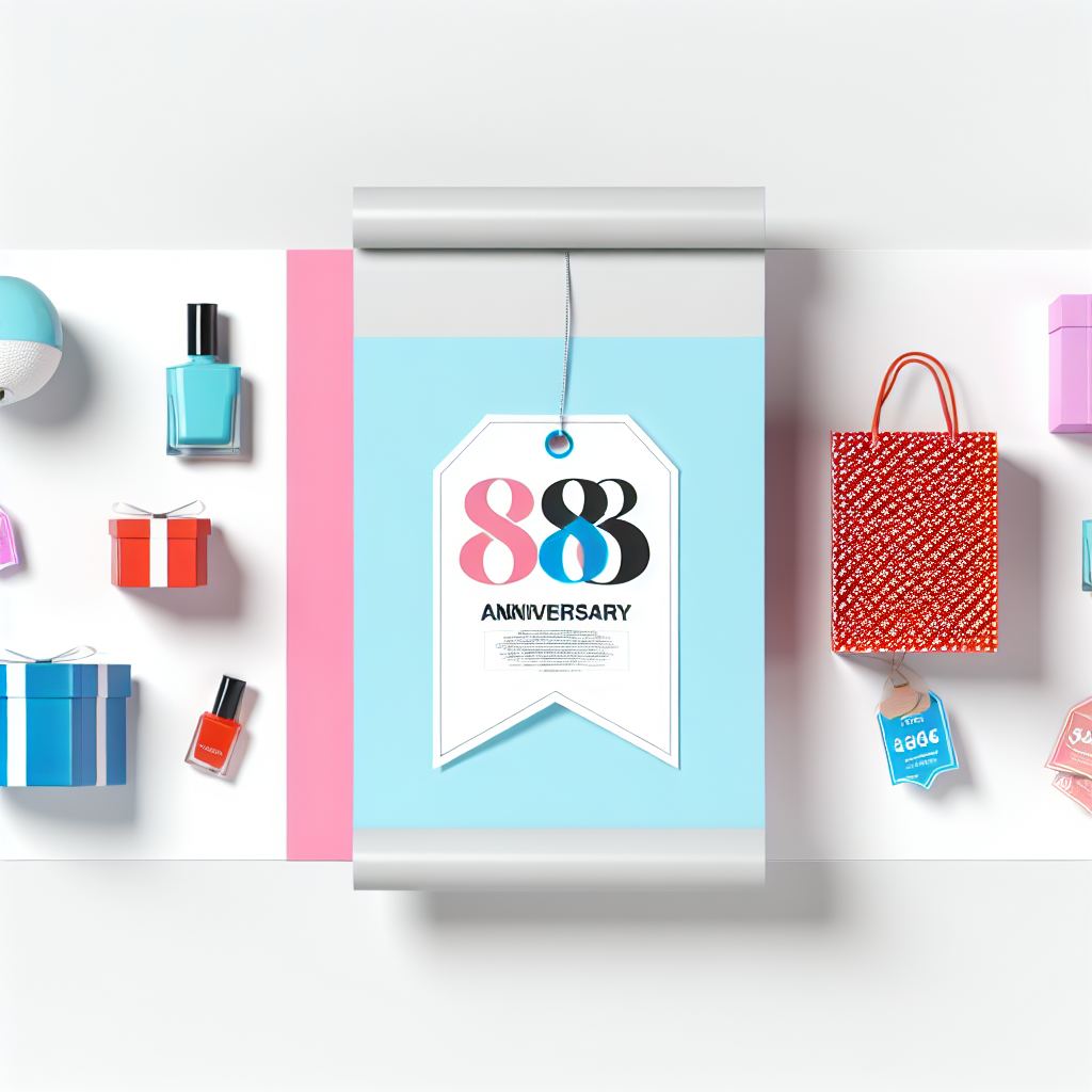 Blue gift bag with 88th Anniversary tag, surrounded by cosmetics and gifts for an $8.88 sale (Dec 2–8, 2024).