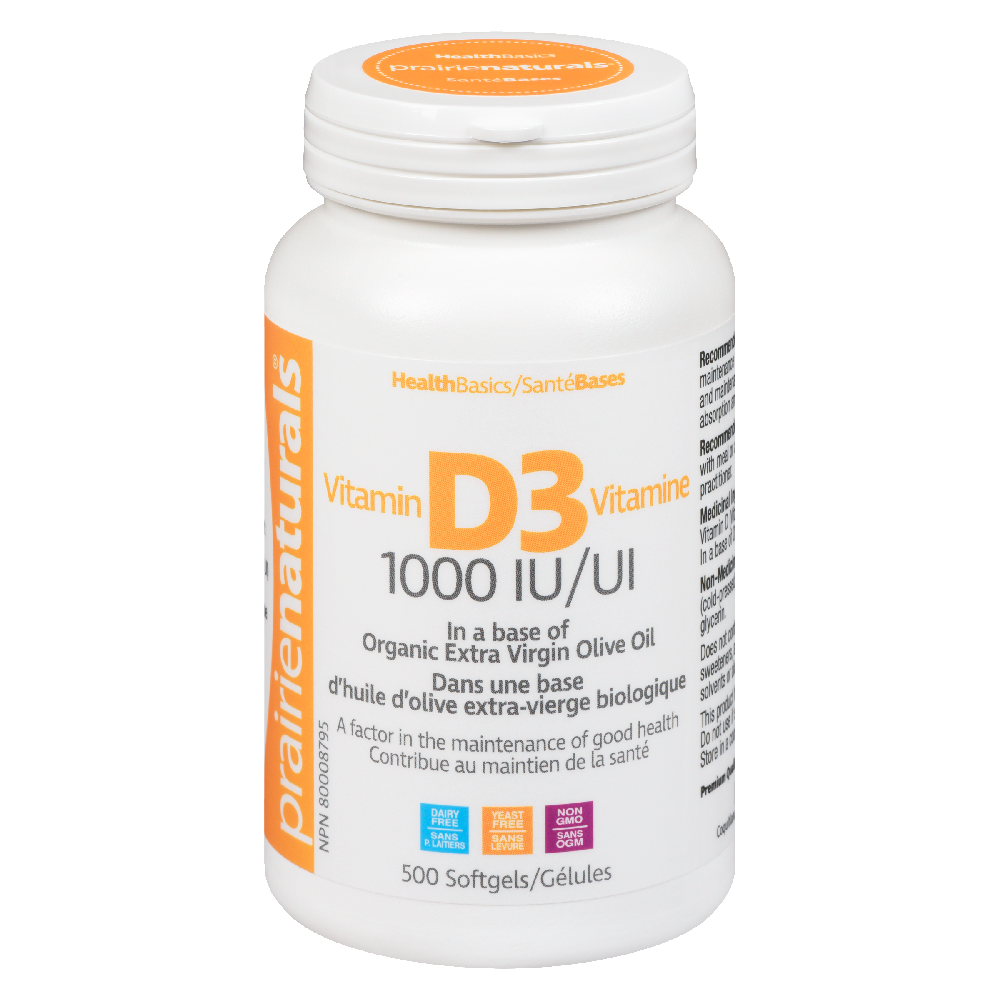 Prairie Naturals. Vitamin D3 1000 IU Softgels. 500 Caps.