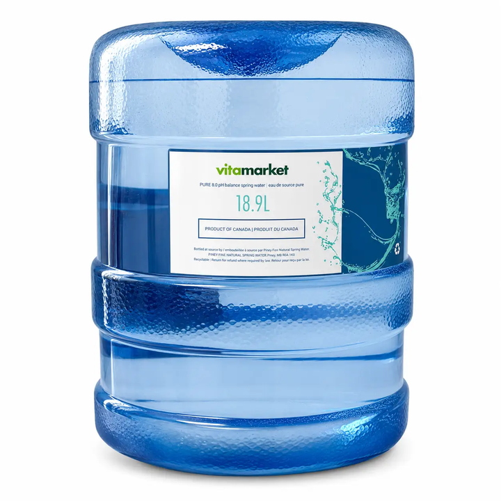 A 18.9L blue water jug with a white and green &