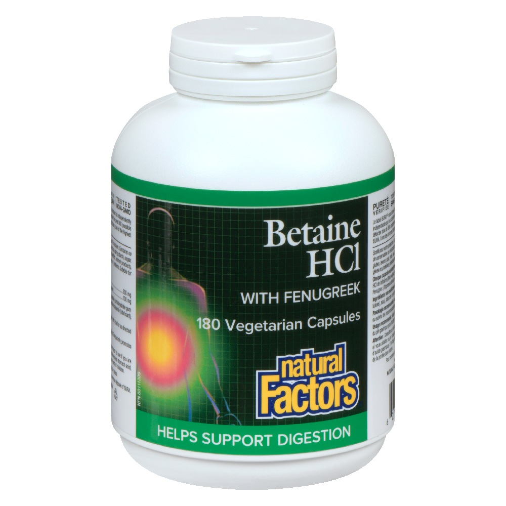 Natural Factors Betaine Hydrochloride  with Fenugreek   180 Vegetarian Capsules