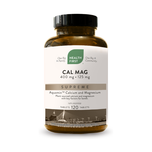 Health First Cal Mag supplement bottle on a white background