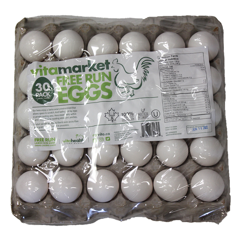 Carton of Vitamarket free run eggs with clear plastic wrap