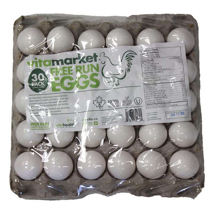 Carton of Vitamarket free run eggs with clear plastic wrap