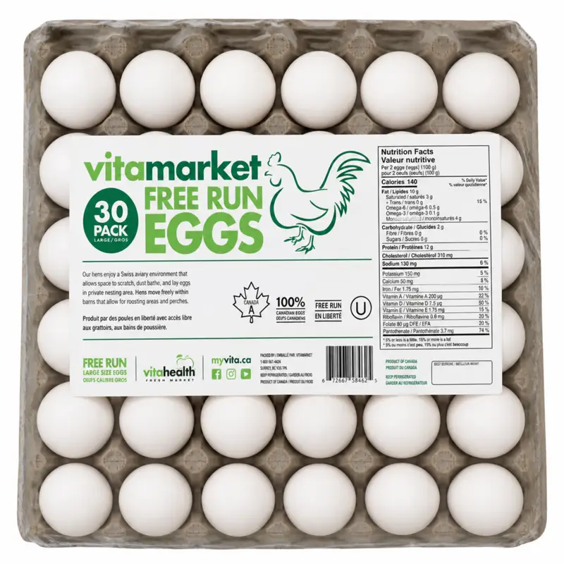 Vitamarket free run eggs packaging with 30 eggs visible