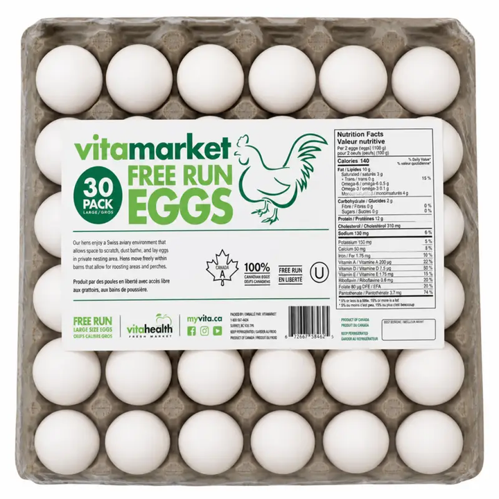 Vitamarket free run eggs packaging with 30 eggs visible